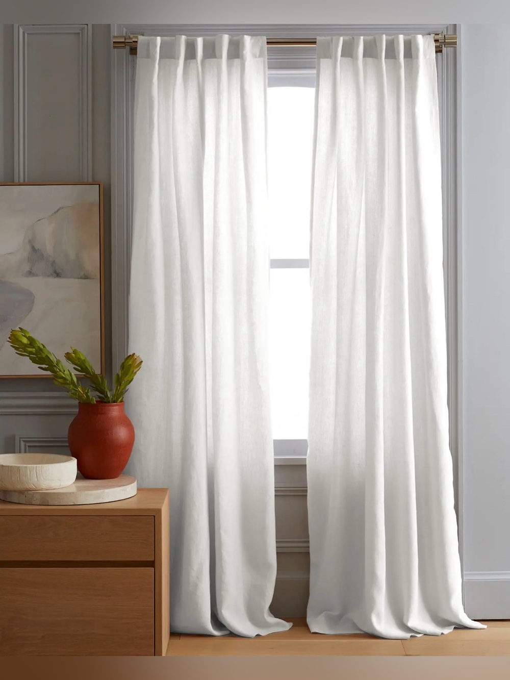 NEW Quince White European Linen Curtain 1 Panel Light Filtering Lined 48 x 96”